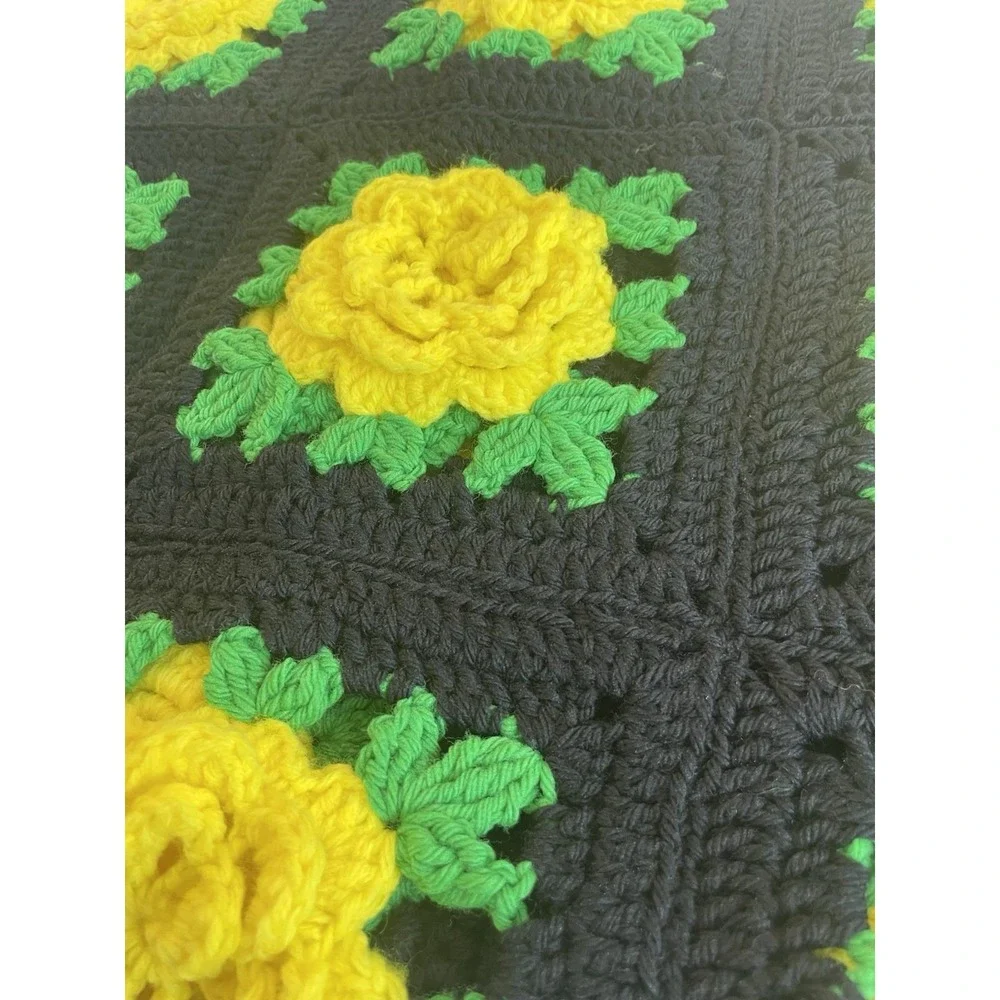 Vtg 70s Yellow Flower Sq. Crochet Afghan Sofa Throw Blanket 38